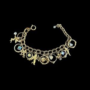 VTG Kirks Folly Charm Bracelet Gold Tone Love Cupid Cherubs Rings Rhinestones